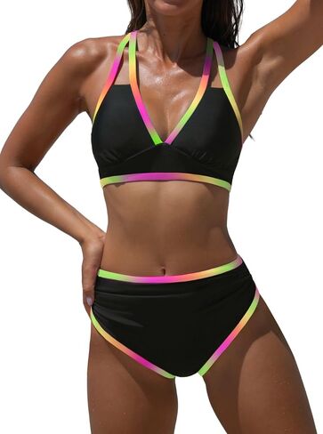 popvil High Waisted Bikini Sets: Neon Swimsuit for Women Tummy Control Push Up Two Piece Bathing Suits in Saudi Arabia