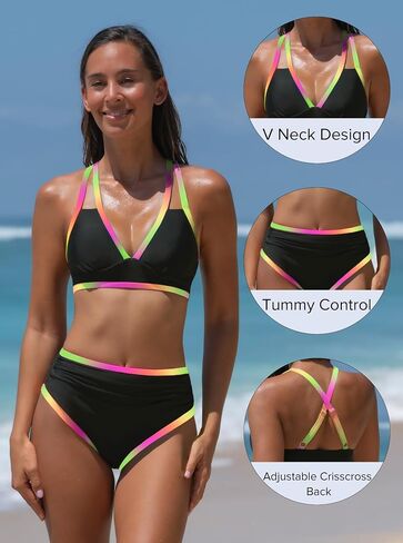 popvil High Waisted Bikini Sets: Neon Swimsuit for Women Tummy Control Push Up Two Piece Bathing Suits in Saudi Arabia