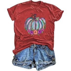 Fall Shirts for Women Casual Cute Pumpkin Graphic T-Shirts Novelty Halloween Tee Autumn Thanksgiving Tops in Saudi Arabia