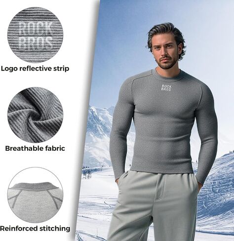 ROCKBROS Cycling Thermal Long Sleeve Shirts Men's Winter Gray Wool Blend Base Laye for Hiking, Athletic Running & Workouts in Saudi Arabia