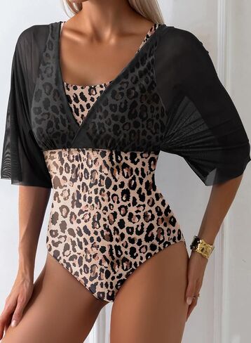 Aleumdr Women's One Piece Swimsuit Modest Tummy Control Bathing Suit V Neck Mesh Sleeve Slimming Swimwear Beachwear in Saudi Arabia