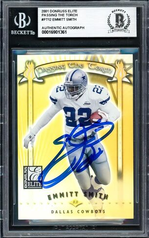 Emmitt Smith Autographed 2001 Donruss Elite Passing the Torch Card #PT12 Dallas Cowboys Auto Grade Gem Mint 10#0316/1000 Beckett BAS #16901361 - NFL Autographed Football Cards in Saudi Arabia