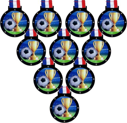 10 Pack of Large 2.25 Inch Soccer Award Medals with Attached Neck Ribbons Trophy Medal Trophies Gift Prize Team Black Gold Star UV in Saudi Arabia