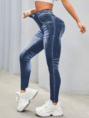 Women's Leggings Faux Jeans Printed Pants Imitation Denim Printed Leggings High Waisted Workout Yoga Pants for Women in Saudi Arabia