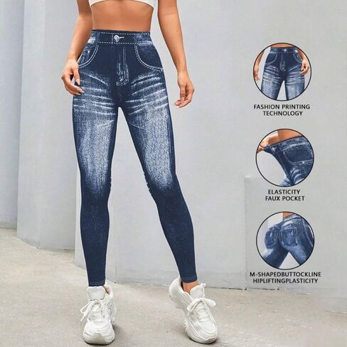 Women's Leggings Faux Jeans Printed Pants Imitation Denim Printed Leggings High Waisted Workout Yoga Pants for Women in Saudi Arabia