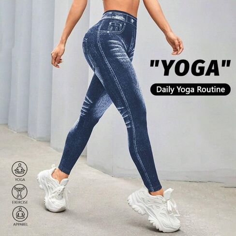 Women's Leggings Faux Jeans Printed Pants Imitation Denim Printed Leggings High Waisted Workout Yoga Pants for Women in Saudi Arabia