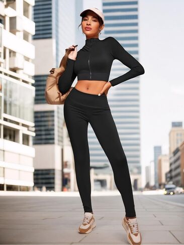 Women Zip-Up Long Sleeve Workout Crop Top with Thumb Holes Slim Fit Athletic Sportswear in Saudi Arabia