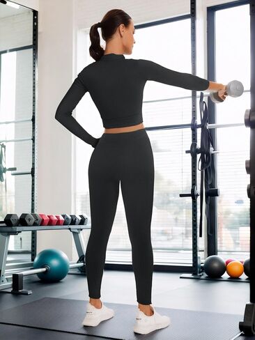 Women Zip-Up Long Sleeve Workout Crop Top with Thumb Holes Slim Fit Athletic Sportswear in Saudi Arabia