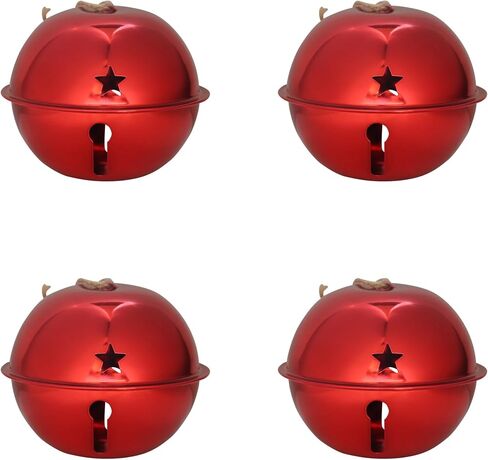 Haute Decor Adapt Nesting Jingle Bells (حزمة من 4 قطع باللون الأحمر اللامع) - حجم كبير بقطر 120 مم (4.7 بوصة) - زينة شجرة عيد الميلاد للاستخدام الداخلي أو الخارجي - تخزين مضغوط in Kuwait