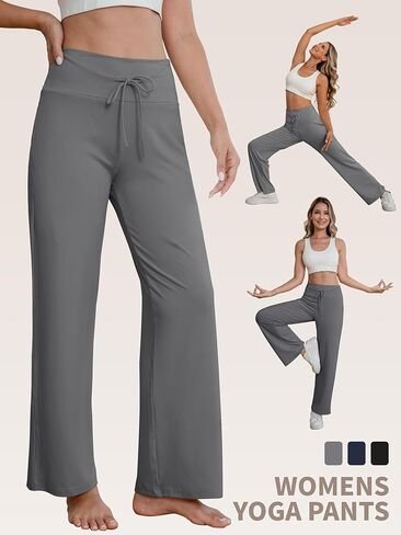 عبوة من 3 سراويل نسائية واسعة الساق مع جيوب، سراويل رياضية مريحة كاجوال لليوجا، سراويل بيجامة فضفاضة in Kuwait