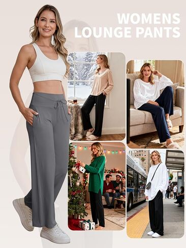 عبوة من 3 سراويل نسائية واسعة الساق مع جيوب، سراويل رياضية مريحة كاجوال لليوجا، سراويل بيجامة فضفاضة in Kuwait