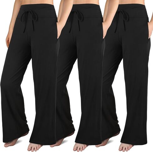 عبوة من 3 سراويل نسائية واسعة الساق مع جيوب، سراويل رياضية مريحة كاجوال لليوجا، سراويل بيجامة فضفاضة in Kuwait