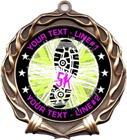 10 Pack 5K Run Award Medal, Specify Your Custom Text with Our 5K Running Award Medal Design. Large 2-3/4" Diameter, Quality Medal Made from Heavy Metal alloys. Printed & Packaged USA in Saudi Arabia