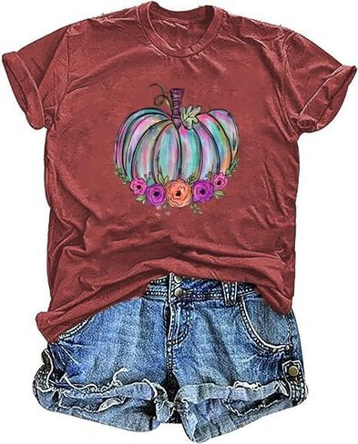Fall Shirts for Women Casual Cute Pumpkin Graphic T-Shirts Novelty Halloween Tee Autumn Thanksgiving Tops in Saudi Arabia