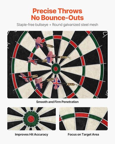 لوح رمي السهام VEVOR مع 6 سهام ومجموعة تسجيل، لوح رمي السهام من ألياف السيزال ذاتية الشفاء مع بولسي خالية من الدبابيس وحلقة أرقام دوارة، مجموعة لوحة رمي السهام ذات رأس فولاذي احترافي 17.7 بوصة لغرف ألعاب الحفلات المنزلية in Kuwait