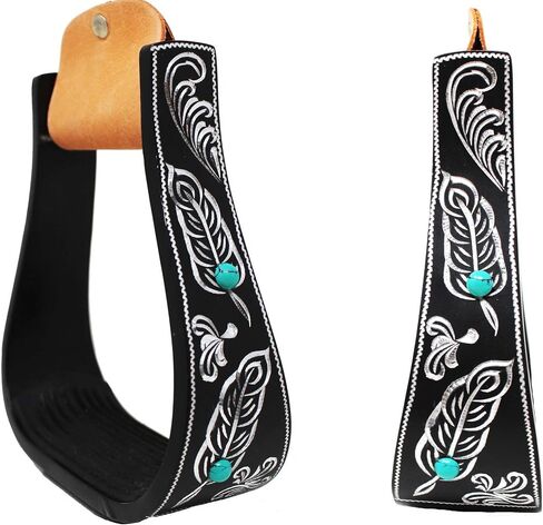 CHALLENGER Horse 5" Black Aluminum Feather Engraved Western Horse Saddle Stirrups 51231 in Saudi Arabia