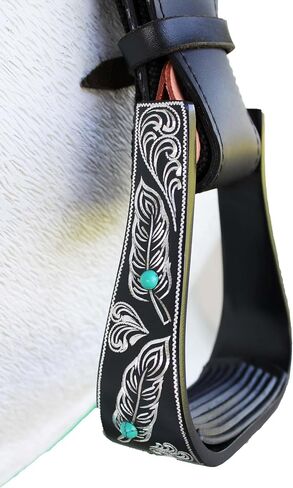 CHALLENGER Horse 5" Black Aluminum Feather Engraved Western Horse Saddle Stirrups 51231 in Saudi Arabia