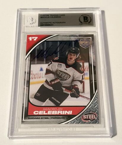 وقعت شركة Macklin Celebrini Sharks على بطاقة Chicago Steel # 17 Rookie Card RC Beckett - Hockey Slabbed بطاقات Rookie الموقعة in Saudi Arabia