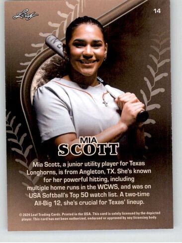 2024 Leaf Lone Star Softball #14 Mia Scott Texas Longhorns Official Women's Softball Card in Raw (NM or Better) Condition in Saudi Arabia