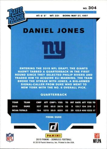 2019 Donruss #304 Daniel Jones New York Giants RC Rookie NFL Football Trading Card in Saudi Arabia