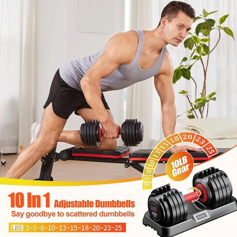 25/55LB Adjustable Dumbbell Set,10 in 1 Free Weights Dumbbell with Anti-Slip Texture Handle,1 Sec Speed Adjustment Men/Women Gym and Home Strength Training Equipment. in Saudi Arabia