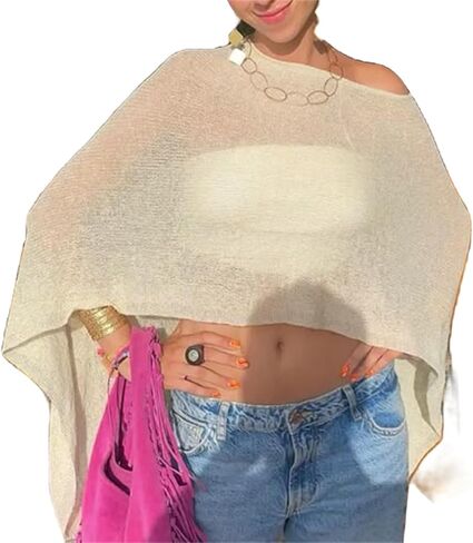 Raruxxin Women Sheer Poncho Top Sexy Y2k Sheer Crochet Off Shoulder Asymmetric Loose Knit Shrug Shawl Summer Beach Cover Ups in Kuwait