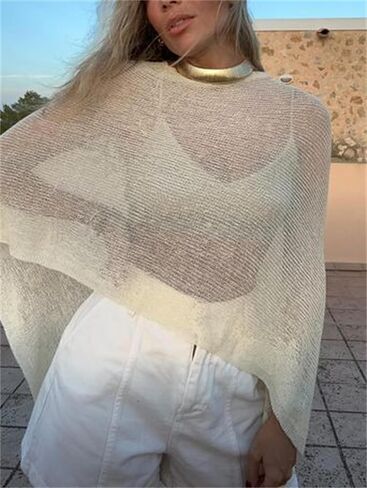 Raruxxin Women Sheer Poncho Top Sexy Y2k Sheer Crochet Off Shoulder Asymmetric Loose Knit Shrug Shawl Summer Beach Cover Ups in Kuwait