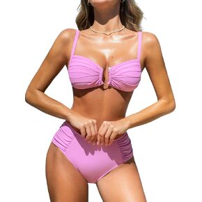 CUPSHE Women's Bikini Set U Wire Supportive Two Piece Swimsuit Ruched Full Coverage Bottom Bathing Suit Adjustable Strap in Saudi Arabia