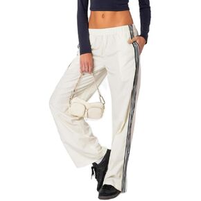 FOMOYUU Women Side Striped Athletic Pants Wide Leg Elastic Waist Baggy Jogger Sweatpants Straight Leg Track Pants Streetwear in Saudi Arabia