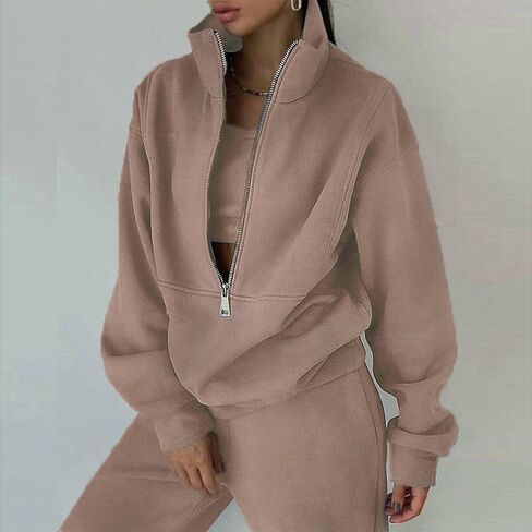 Sweat Suits for Womens 2 Piece Half Zip Plus Size Oversized Sweatshirt Fleece Lined Jogger Pants Athletic Workout Gym Sets in Saudi Arabia