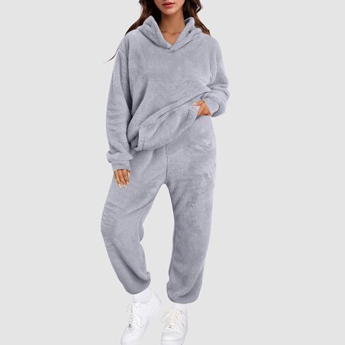 Sweatsuits Women 2 Piece Outfit Fuzzy Fleece Long Sleeve Pocket Casual Hoodies And Pants Set Fluff Sweatsuit in Saudi Arabia