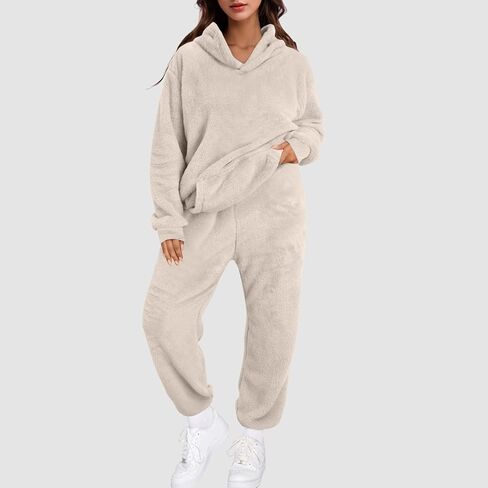Sweatsuits Women 2 Piece Outfit Fuzzy Fleece Long Sleeve Pocket Casual Hoodies And Pants Set Fluff Sweatsuit in Saudi Arabia