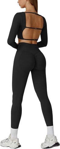 Workout Sets for Women 2 Piece Long Sleeve Backless Crop Top and High Waisted Leggings Gym Athletic Jogger Sets in Saudi Arabia