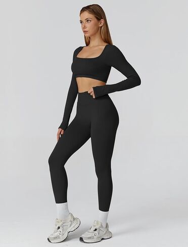 Workout Sets for Women 2 Piece Long Sleeve Backless Crop Top and High Waisted Leggings Gym Athletic Jogger Sets in Saudi Arabia