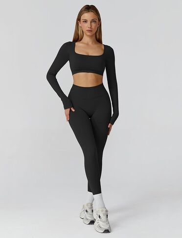 Workout Sets for Women 2 Piece Long Sleeve Backless Crop Top and High Waisted Leggings Gym Athletic Jogger Sets in Saudi Arabia