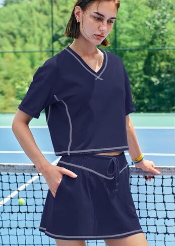 Yanekop Skort Sets Women 2 Piece Outfits Two Piece Matching Workout Sets Crop Tops and Mini Skirt Set in Saudi Arabia