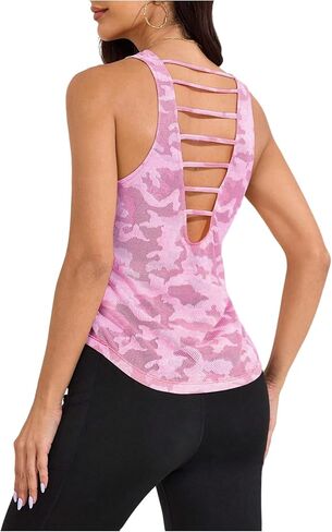 OYOANGLE Women's Mesh Workout Tank Top Camo Print Backless Sports Athletic Gym Sleeveless Tops in Saudi Arabia