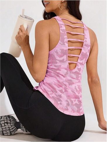 OYOANGLE Women's Mesh Workout Tank Top Camo Print Backless Sports Athletic Gym Sleeveless Tops in Saudi Arabia