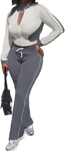 Uni Clau النساء 2 قطعة مجموعات رياضية Bodycon وتتسابق طويلة الأكمام الخريف Sweatsuit زمم المحاصيل البلوز تجريب مجموعات in Saudi Arabia