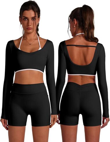 ABOCIW Workout Sets for Women Long Sleeve Layers Crop Top High Waist Biker Shorts with Pocket 2 Piece Yoga Outfits in Saudi Arabia