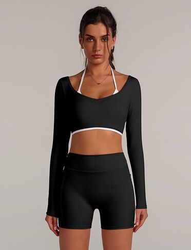 ABOCIW Workout Sets for Women Long Sleeve Layers Crop Top High Waist Biker Shorts with Pocket 2 Piece Yoga Outfits in Saudi Arabia