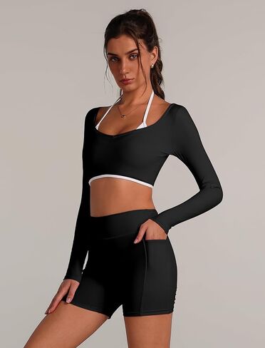 ABOCIW Workout Sets for Women Long Sleeve Layers Crop Top High Waist Biker Shorts with Pocket 2 Piece Yoga Outfits in Saudi Arabia