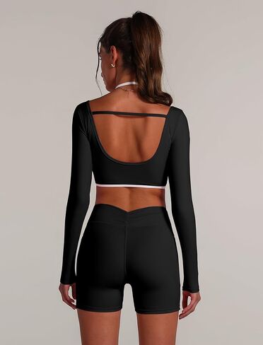 ABOCIW Workout Sets for Women Long Sleeve Layers Crop Top High Waist Biker Shorts with Pocket 2 Piece Yoga Outfits in Saudi Arabia