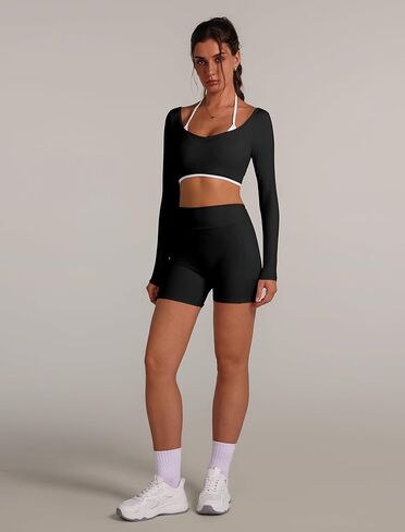 ABOCIW Workout Sets for Women Long Sleeve Layers Crop Top High Waist Biker Shorts with Pocket 2 Piece Yoga Outfits in Saudi Arabia