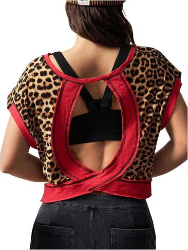 SOLY HUX Women's Leopard Print Sports T Shirts Vintage Short Sleeve Workout Running Backless Crop Tee Tops in Saudi Arabia