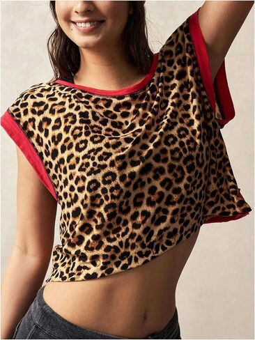 SOLY HUX Women's Leopard Print Sports T Shirts Vintage Short Sleeve Workout Running Backless Crop Tee Tops in Saudi Arabia