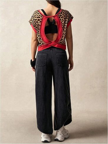 SOLY HUX Women's Leopard Print Sports T Shirts Vintage Short Sleeve Workout Running Backless Crop Tee Tops in Saudi Arabia