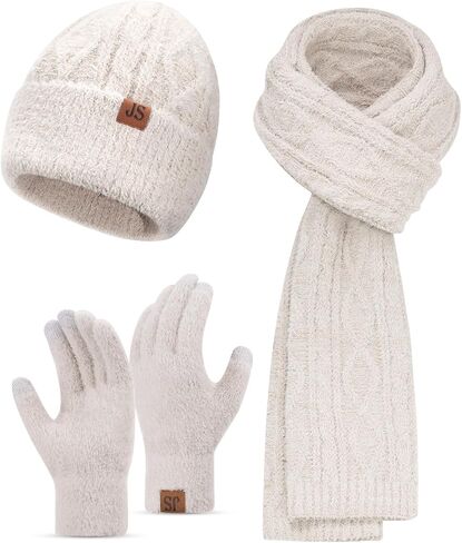 Women's Winter Scarf Beanie Hat Touch Screen Gloves Set, Soft Warm Oatmeal Knit Accessories, Gift for Women in Saudi Arabia