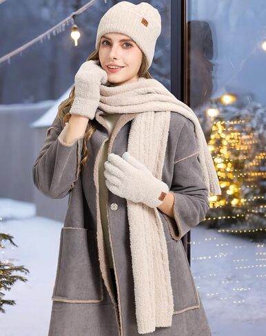 Women's Winter Scarf Beanie Hat Touch Screen Gloves Set, Soft Warm Oatmeal Knit Accessories, Gift for Women in Saudi Arabia