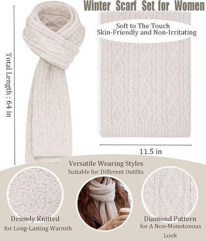 Women's Winter Scarf Beanie Hat Touch Screen Gloves Set, Soft Warm Oatmeal Knit Accessories, Gift for Women in Saudi Arabia